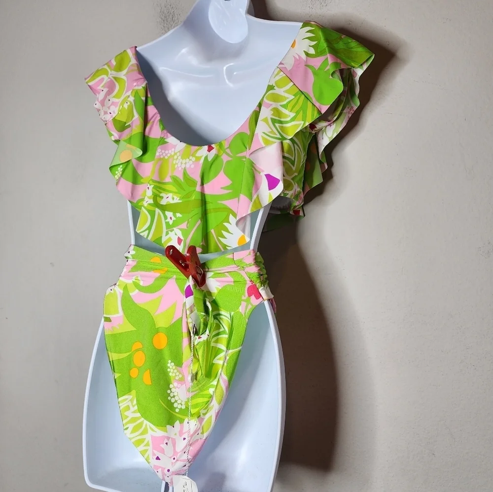 NWT Trina‎ Turk Bikini Set La Palma Highwaist Bottoms Off Shoulder Top Size 12